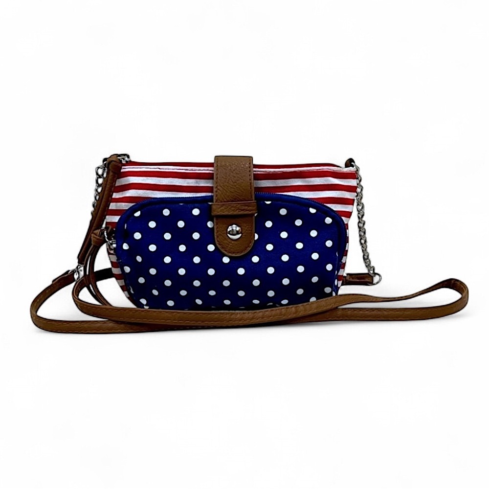 Patriotic American Flag Crossbody Bag Red White & Blue Stripes Polka Dot Purse - Picture 3 of 14
